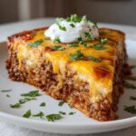 A thick, cheesy slice of taco pie topped with sour cream and fresh cilantro.