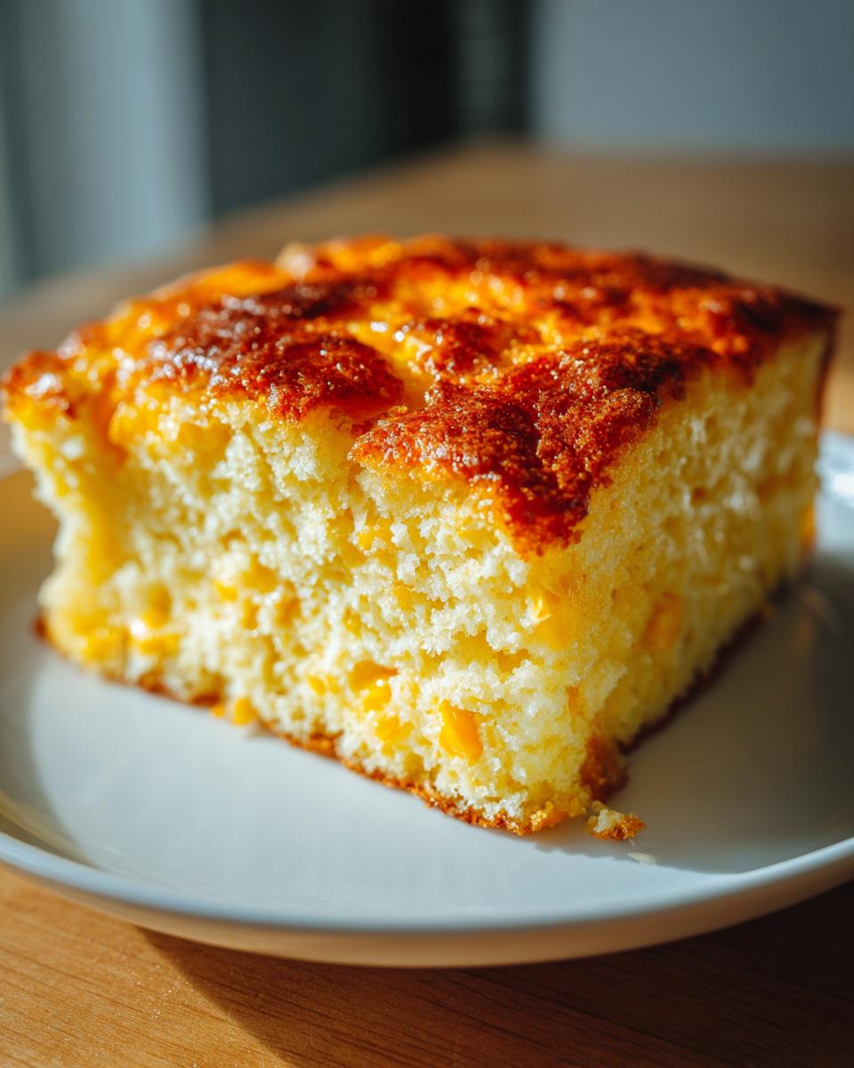 A close-up of a square slice of moist jiffy corn casserole with a golden-brown, slightly caramelized top.