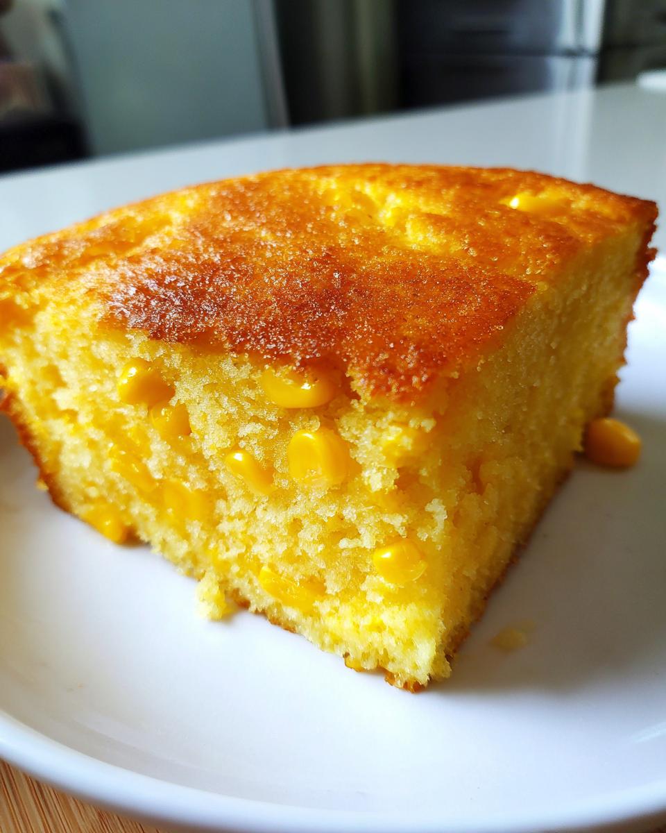 A close-up of a moist, golden slice of jiffy corn casserole studded with whole corn kernels, served on a white plate.