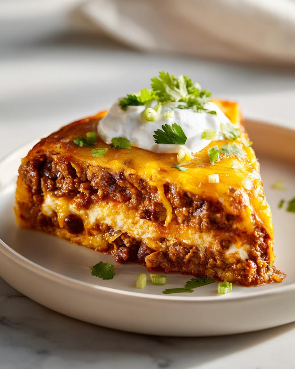 A thick slice of layered taco pie topped with melted cheese, sour cream, and fresh cilantro.