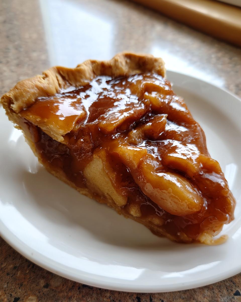 A close-up of a slice of pie showing thick, glossy apple pie filling encased in a flaky crust.