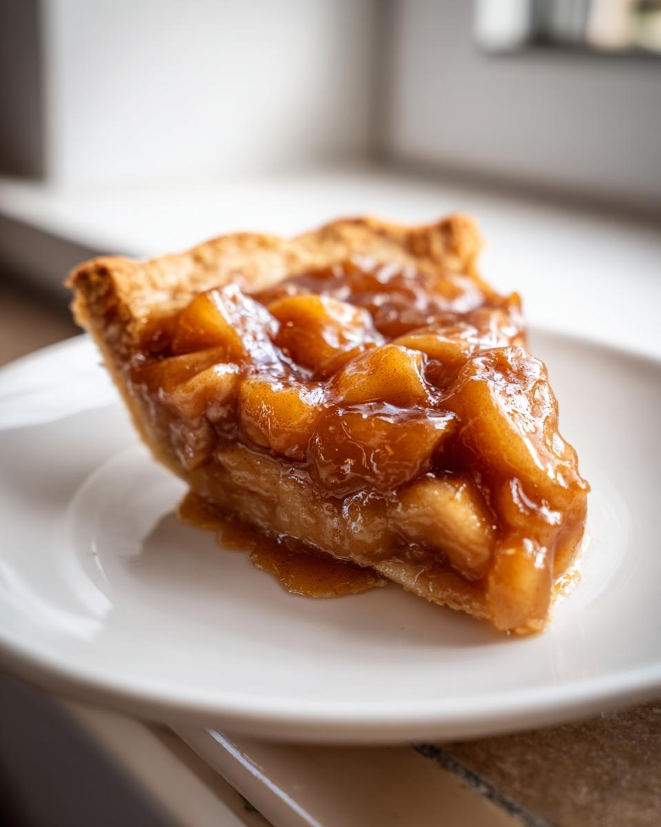 Close-up of a slice of pie featuring thick, glossy apple pie filling on a white plate.