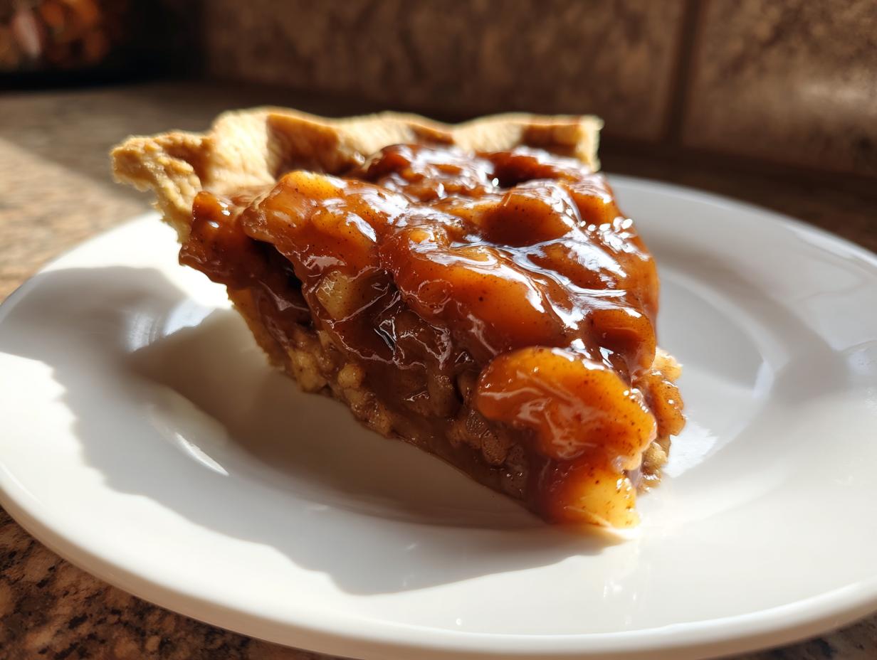 A close-up of a slice of pie featuring thick, glossy apple pie filling on a white plate.