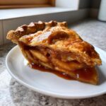 Close-up of a thick slice of apple pie showing gooey, spiced apple pie filling and flaky crust.