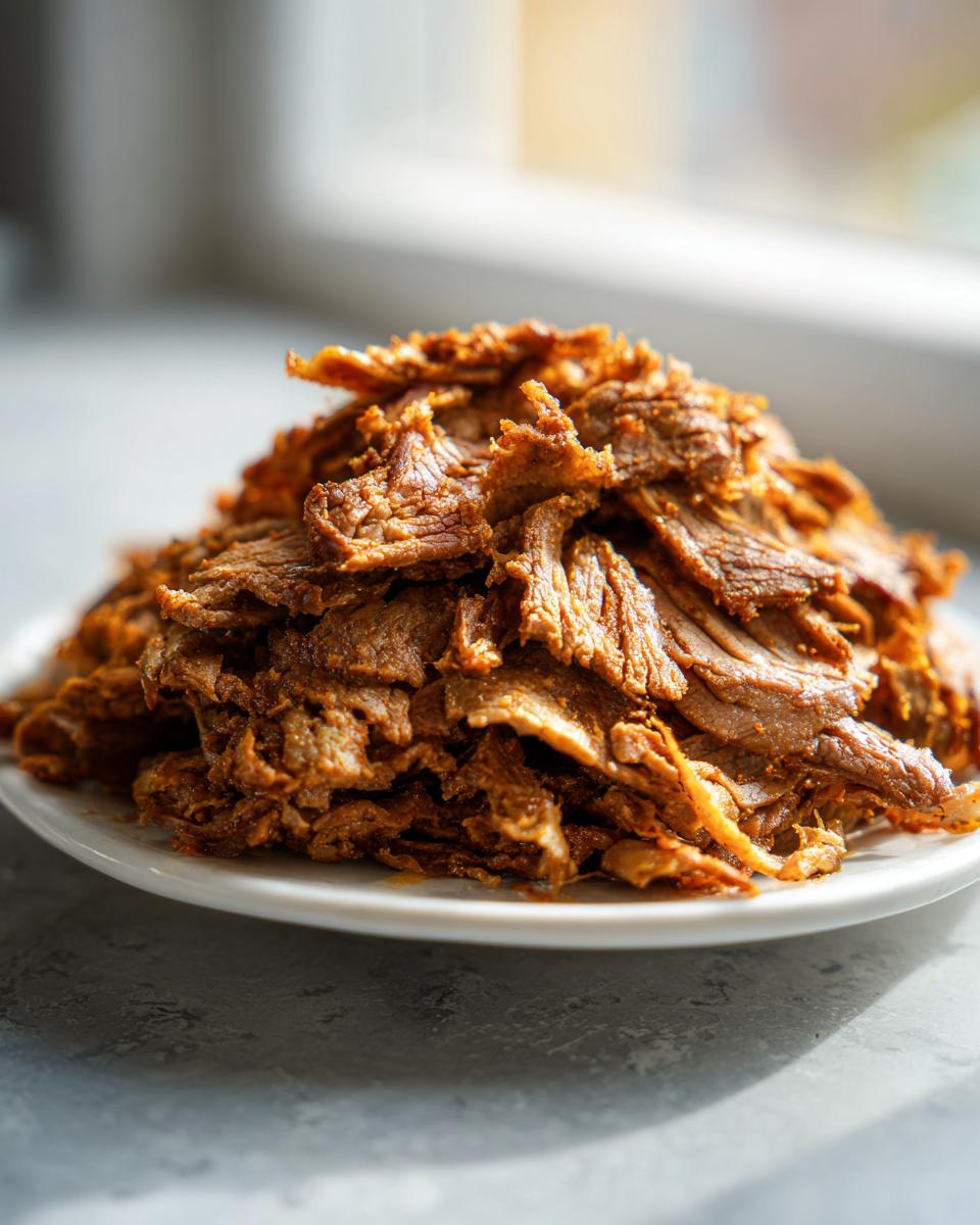 Close-up of thinly sliced, seasoned meat piled high on a white plate, ready for homemade doner kebab.
