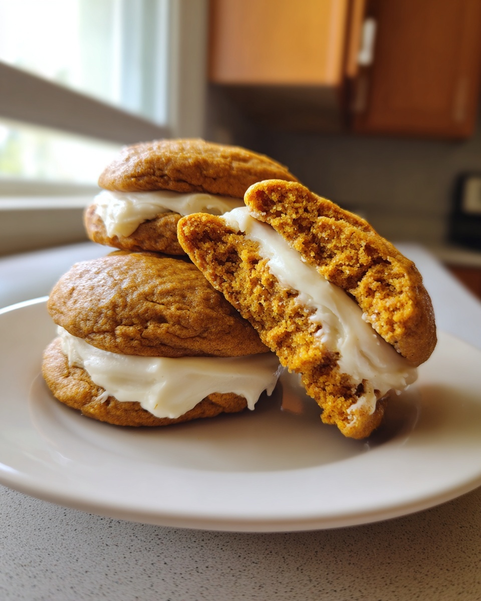 Three soft pumpkin cookie sandwiches stacked on a white plate, one broken open to show the creamy white filling.