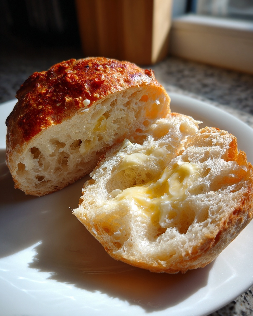 A golden-brown sourdough english muffin sliced open and generously spread with melting butter.