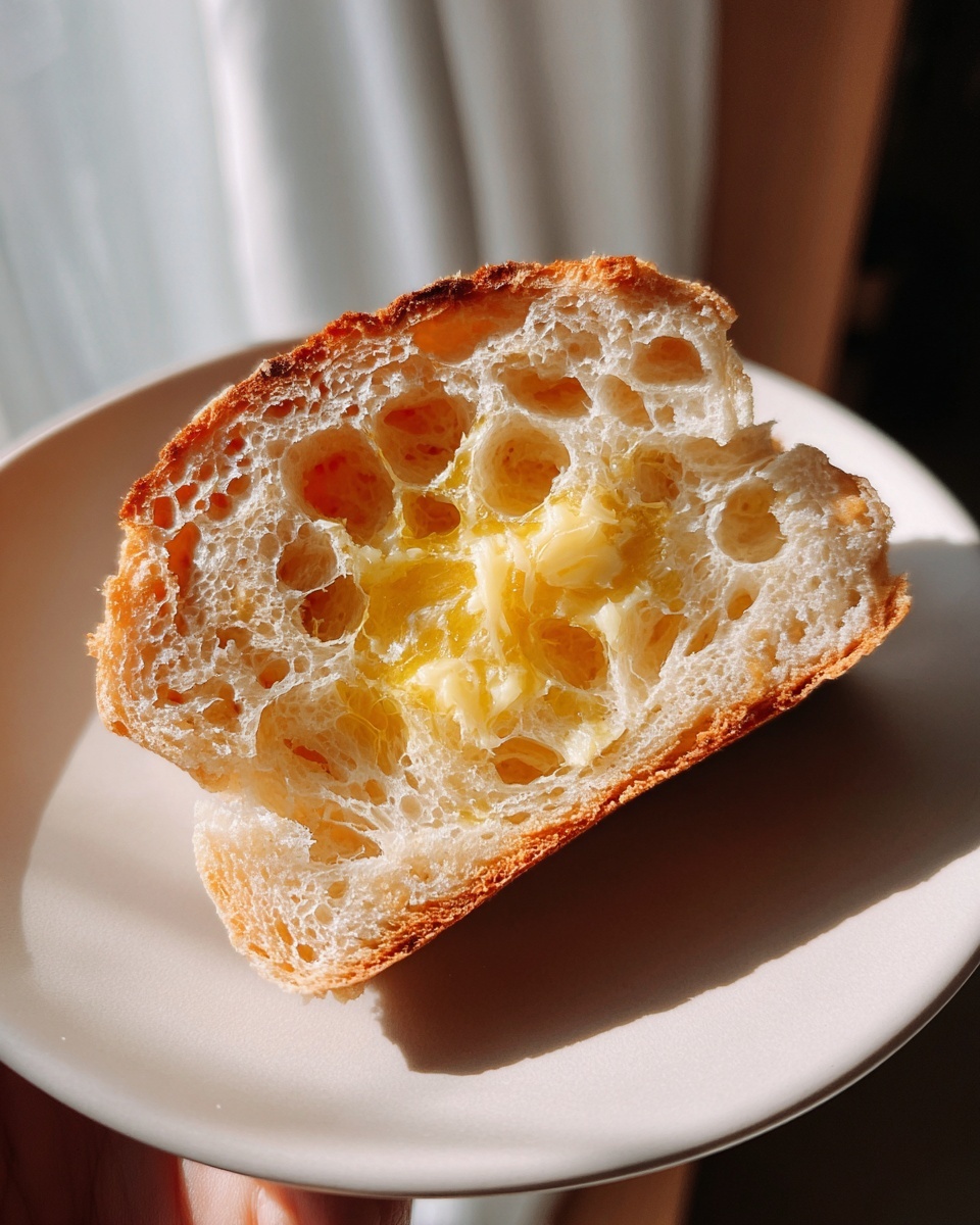 Close-up of a toasted sourdough english muffin half, showing the open, airy crumb filled with melted butter.