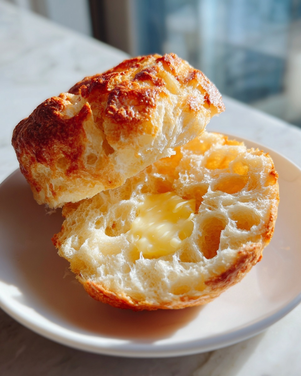 A split sourdough english muffin with melted butter pooling in the airy interior, resting on a white plate.