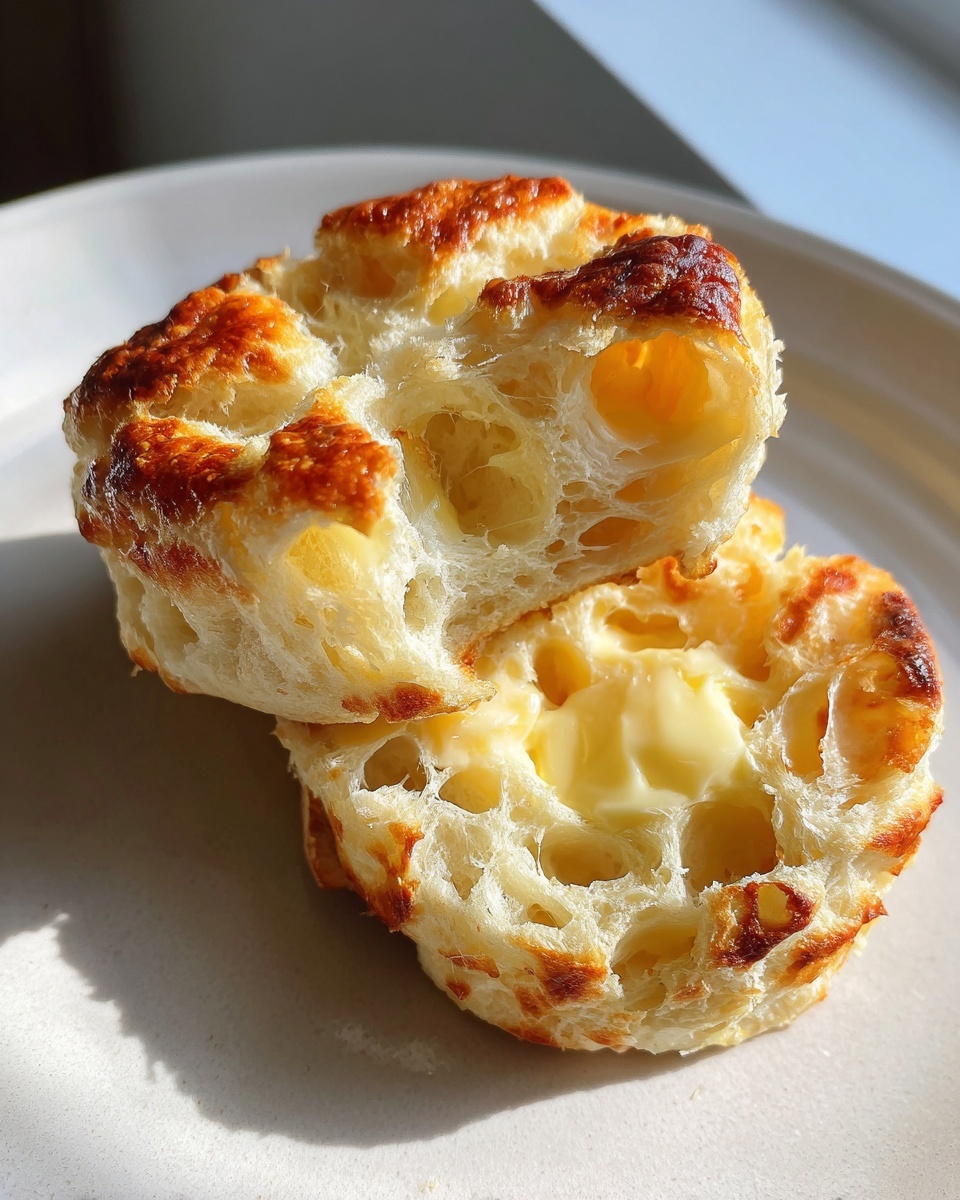 Close-up of a split sourdough english muffin showing open, airy crumb texture with melting butter inside.