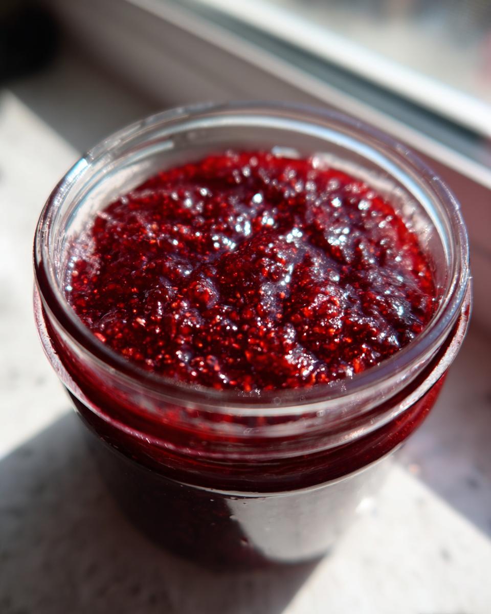 Close-up of vibrant, glistening red Christmas jam filling a clear glass jar, catching the sunlight.