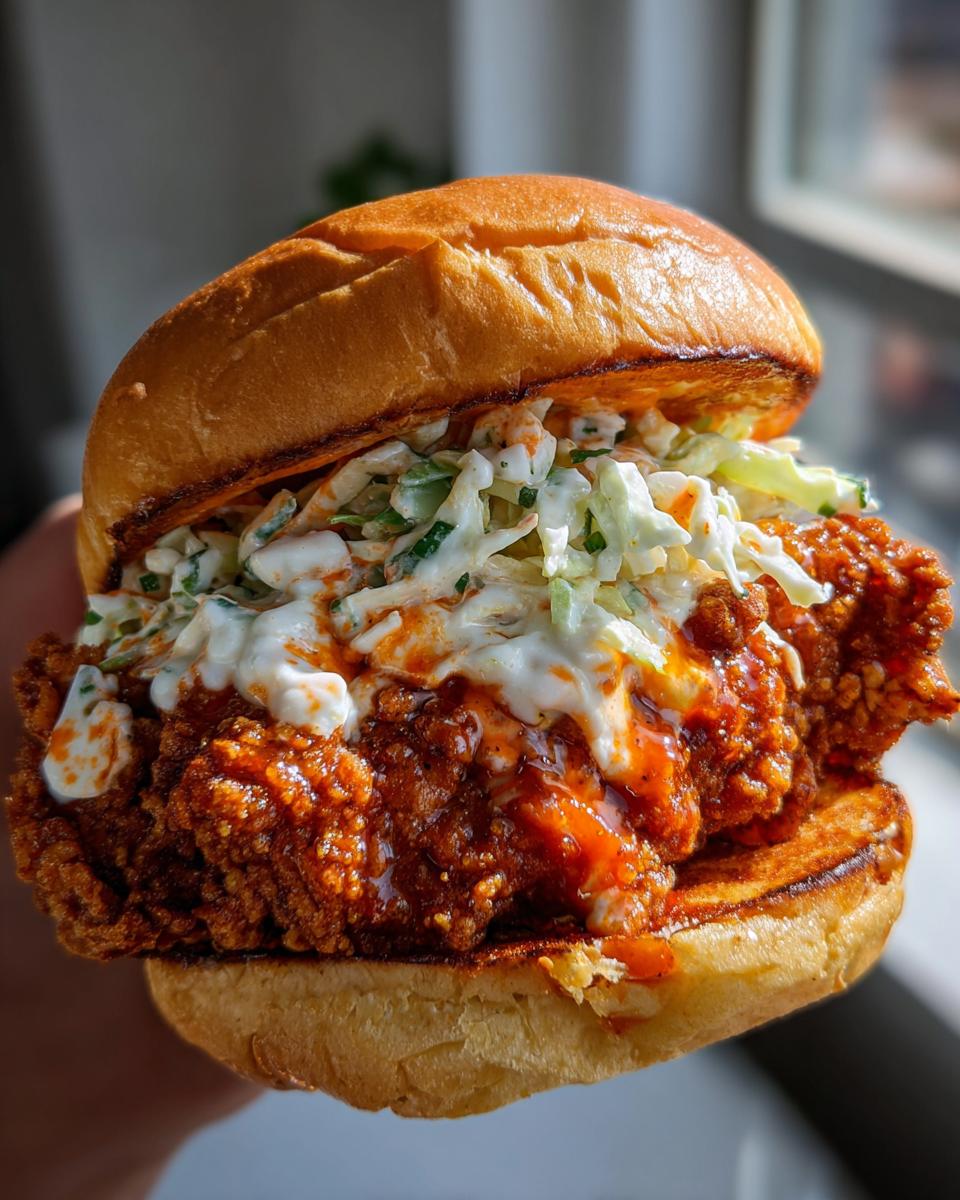 A close-up view of a juicy, crispy buffalo chicken sandwich topped with creamy coleslaw.
