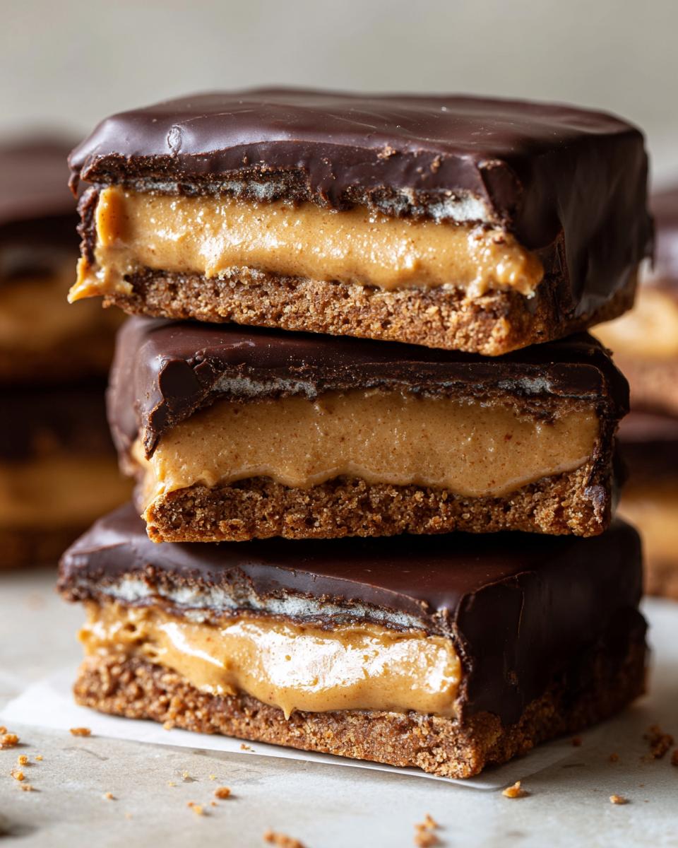 Close-up stack of three homemade buckeye graham crackers featuring a thick peanut butter filling and chocolate coating.