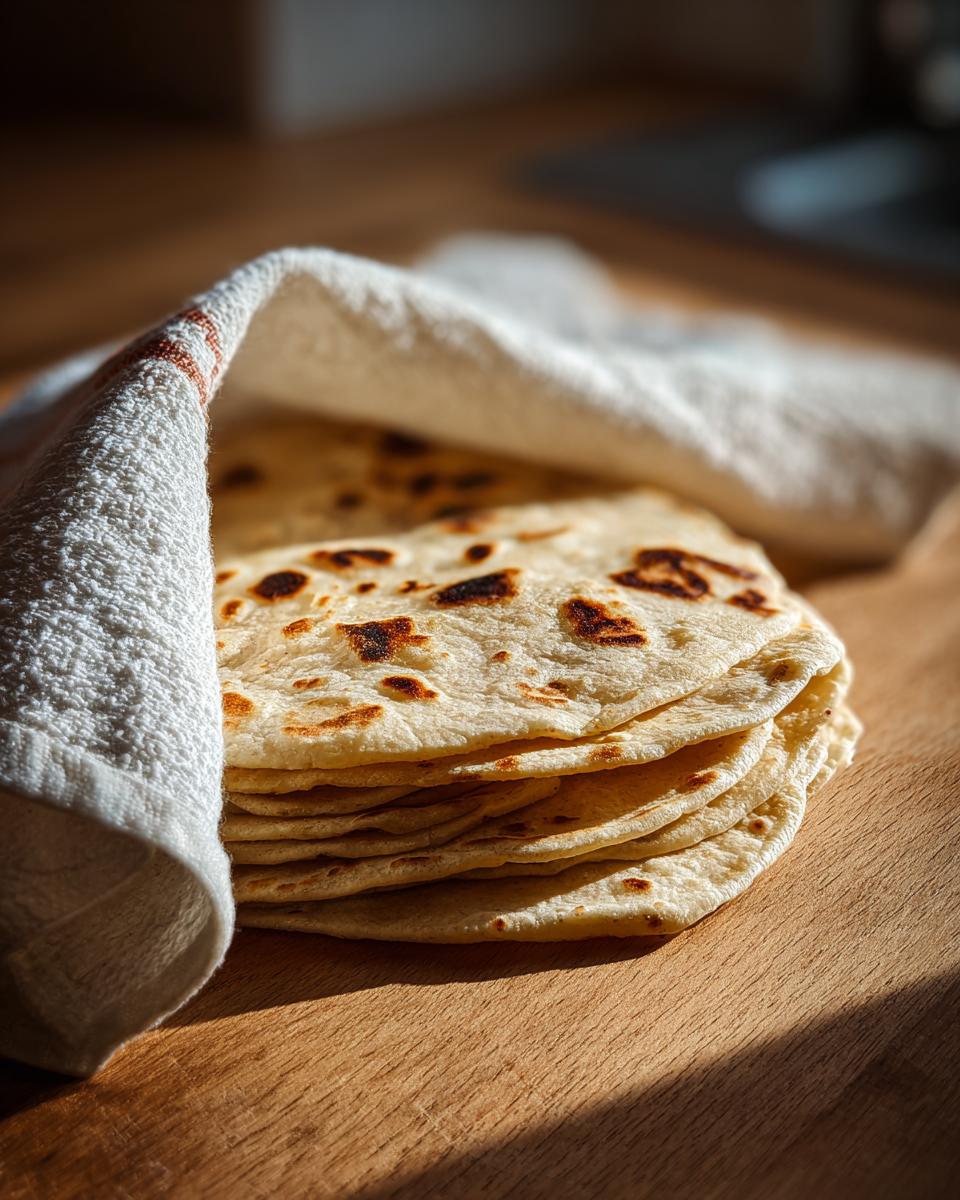 A stack of freshly made corn tortillas kept warm under a white kitchen towel on a wooden surface.
