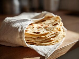 A stack of warm, freshly made corn tortillas wrapped in a white cloth on a wooden board.