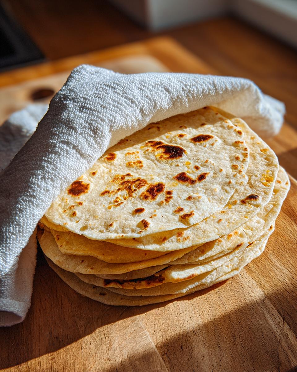 A stack of freshly made, warm corn tortillas covered partially by a white towel on a wooden cutting board.