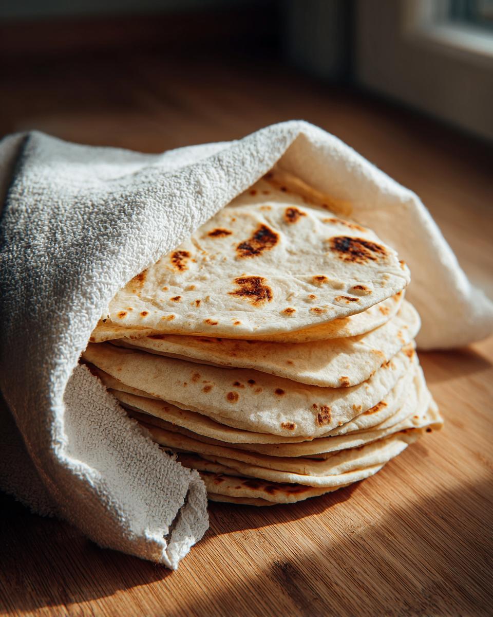 A warm stack of freshly made corn tortillas wrapped partially in a white cloth on a wooden surface.