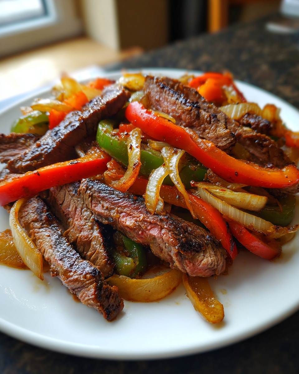 Close-up of perfectly cooked, sliced steak fajita mixed with sautéed red and green bell peppers and onions on a white plate.