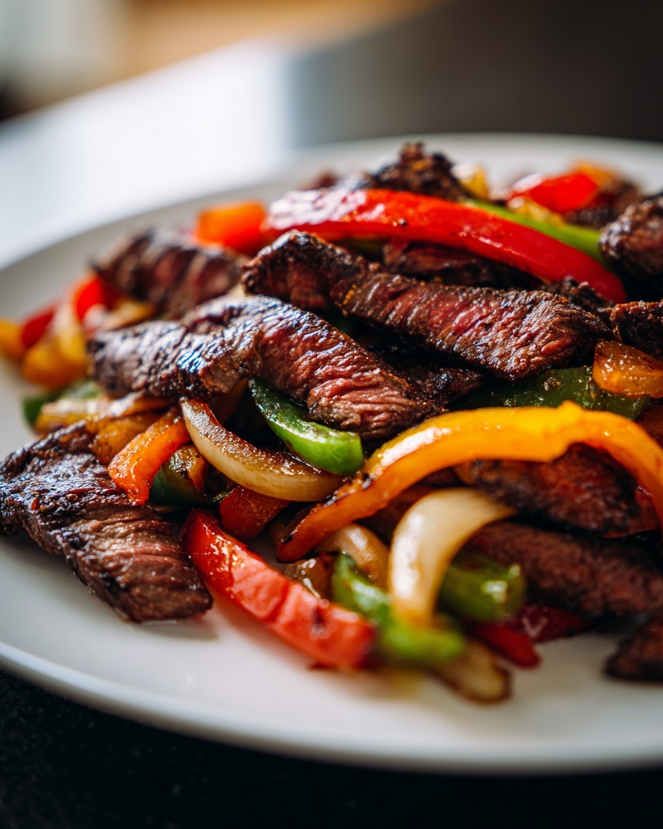 Close-up of perfectly cooked steak fajita strips mixed with colorful sautéed bell peppers and onions on a white plate.