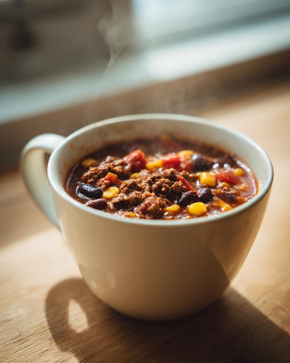 Close-up of steaming hot cowboy soup with ground beef, corn, and beans served in a white mug.
