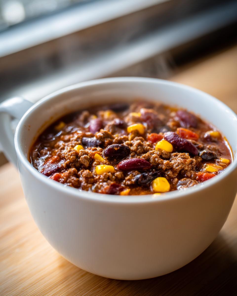 Close-up of a steaming white mug filled with hearty cowboy soup featuring ground meat, kidney beans, and corn.
