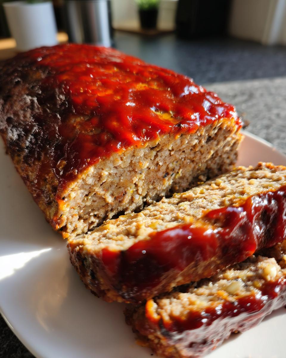 Close-up of a sliced stove top stuffing meatloaf topped with a thick, shiny red glaze.