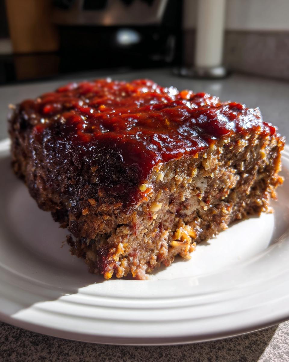 A thick slice of stove top stuffing meatloaf, topped with a rich, dark red glaze, sitting on a white plate.