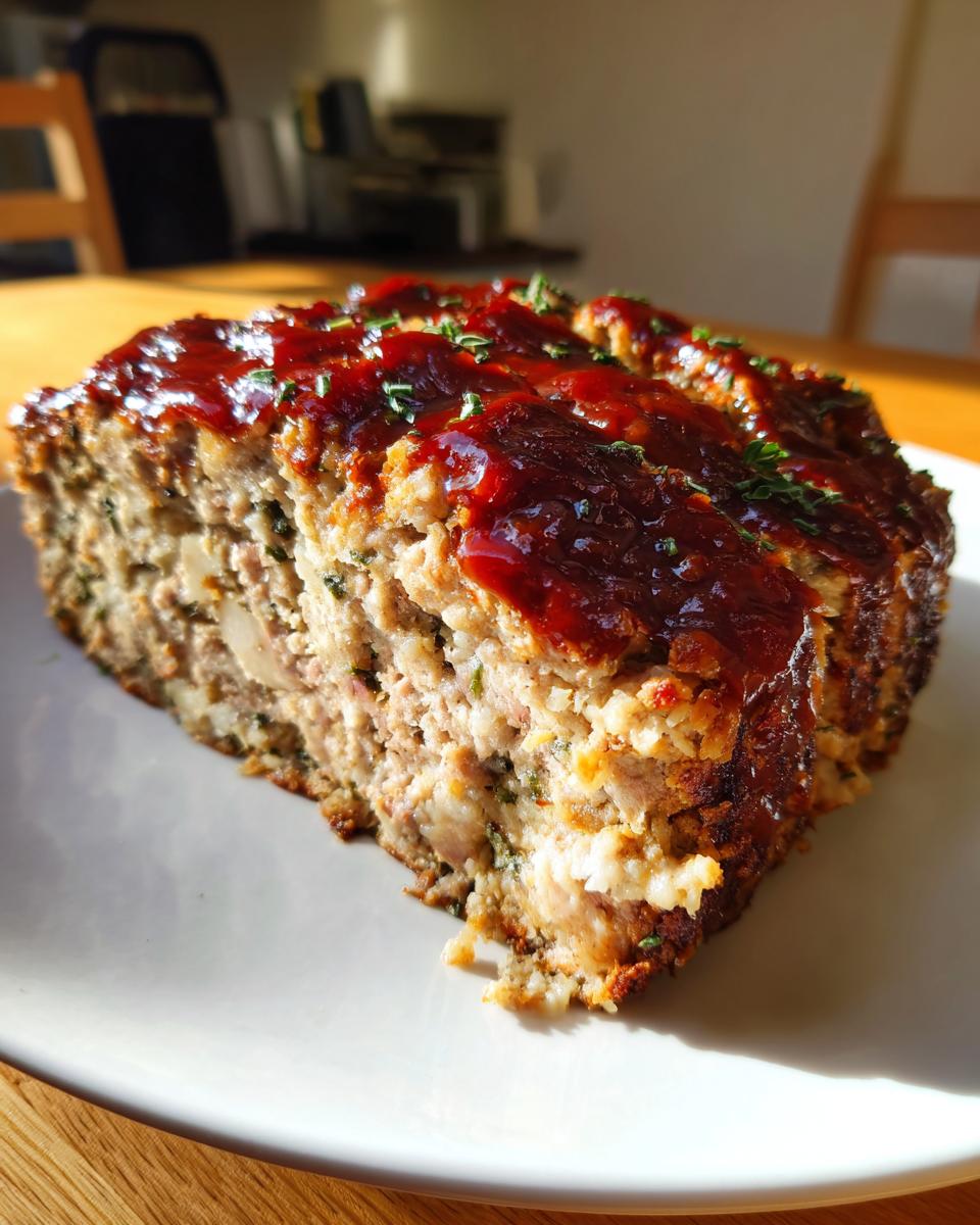 A thick slice of stove top stuffing meatloaf topped with a shiny red glaze and chopped herbs.