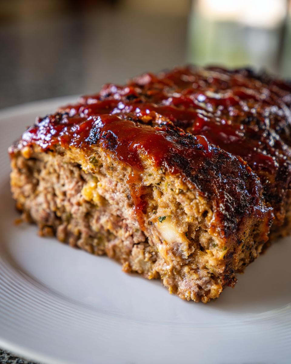 Close-up of a thick slice of stove top stuffing meatloaf topped with a rich, dark glaze.