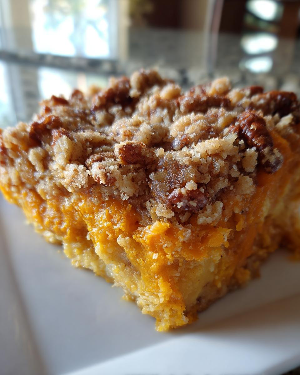A close-up, decadent serving of sweet potato casserole featuring a bright orange filling and a crunchy pecan streusel topping.
