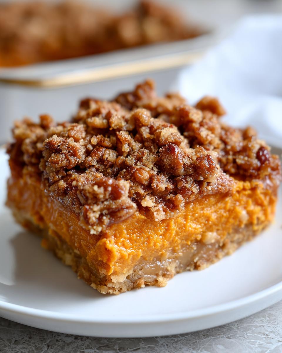 Close-up of a square slice of sweet potato casserole with a thick, crunchy pecan crumble topping.