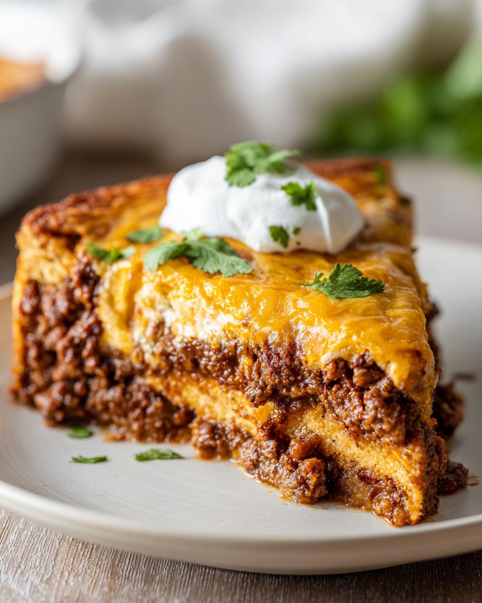 A thick slice of layered taco pie topped with melted cheese, sour cream, and cilantro.