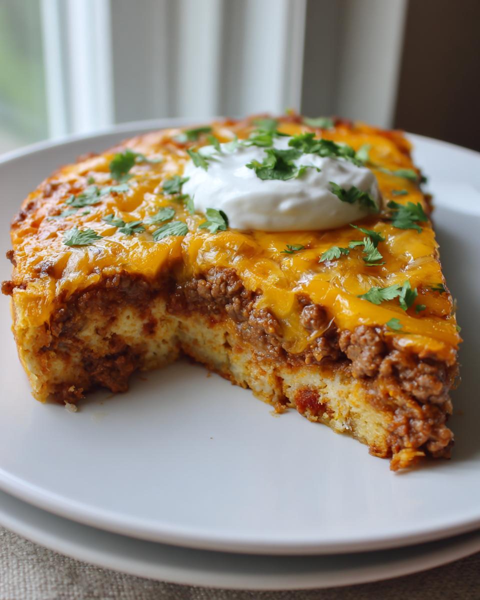 A slice of delicious taco pie featuring a base layer, seasoned ground beef, melted cheddar cheese, and a dollop of sour cream.