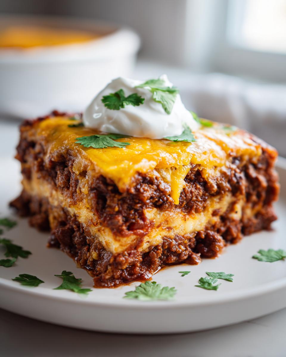A close-up of a square slice of rich taco pie topped with melted cheddar cheese, sour cream, and cilantro.