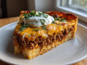 A thick slice of cheesy taco pie featuring a biscuit crust, seasoned ground beef filling, melted cheddar, and sour cream.