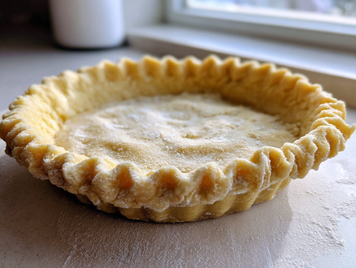 Close-up of an unbaked, raw pie crust dough with beautifully crimped edges, ready for filling.
