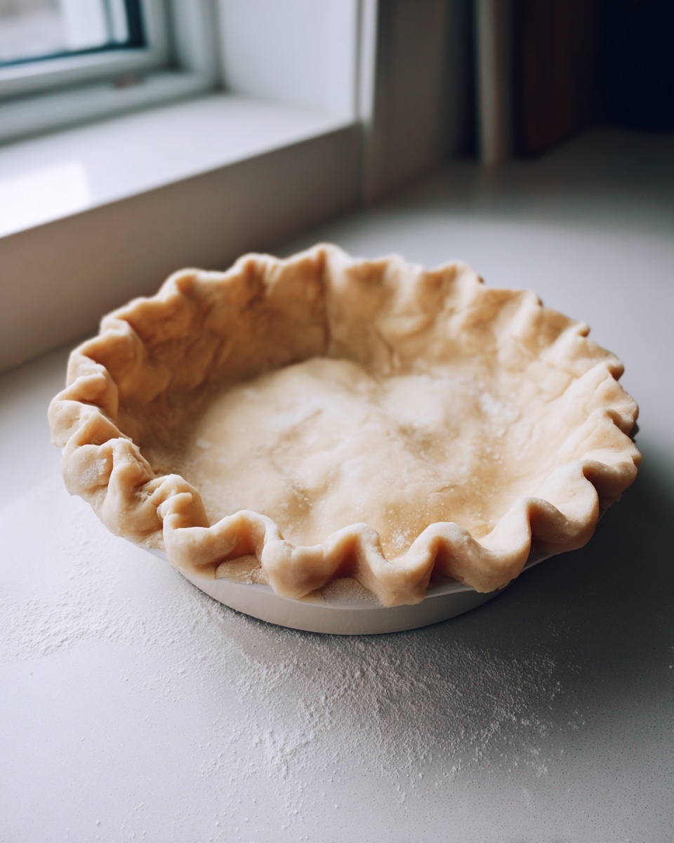 An unbaked, raw pie crust with a crimped edge sitting in a white dish on a floured counter, showcasing the flaky pie crust preparation.