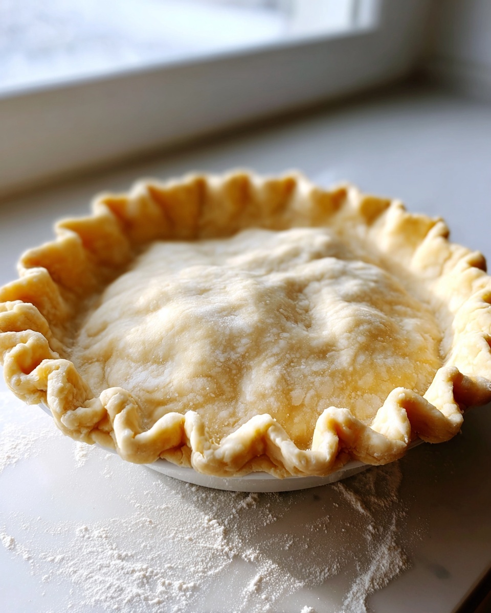 Close-up of an unbaked double-crust pie showing a crimped, flaky pie crust dusted with flour.
