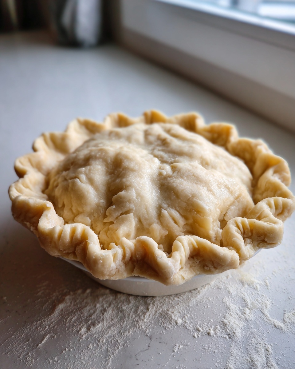 Close-up of an unbaked pie with a crimped edge, showcasing the texture of the flaky pie crust dough.
