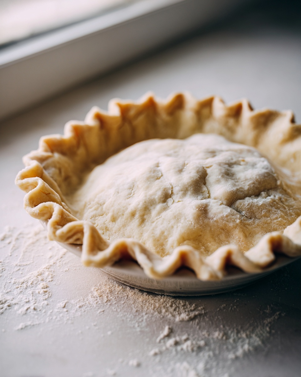 Close-up of an unbaked pie, showcasing the crimped edges of the flaky pie crust sitting on a floured surface.