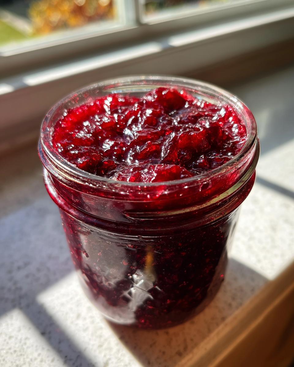 Close-up of a glass jar filled with glistening, deep red christmas jam, sitting in bright sunlight.