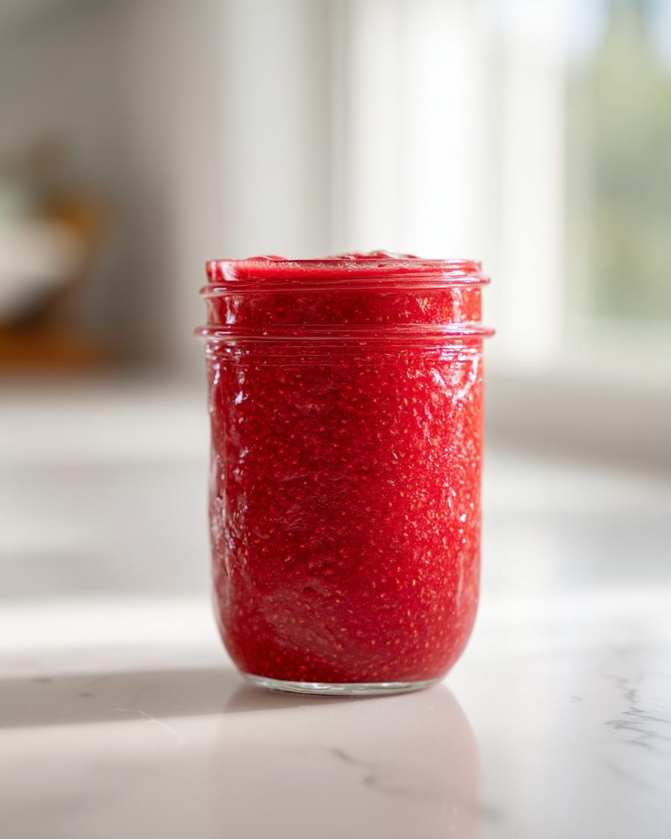 A glass jar filled with vibrant, textured red freezer jam sitting on a white marble counter.
