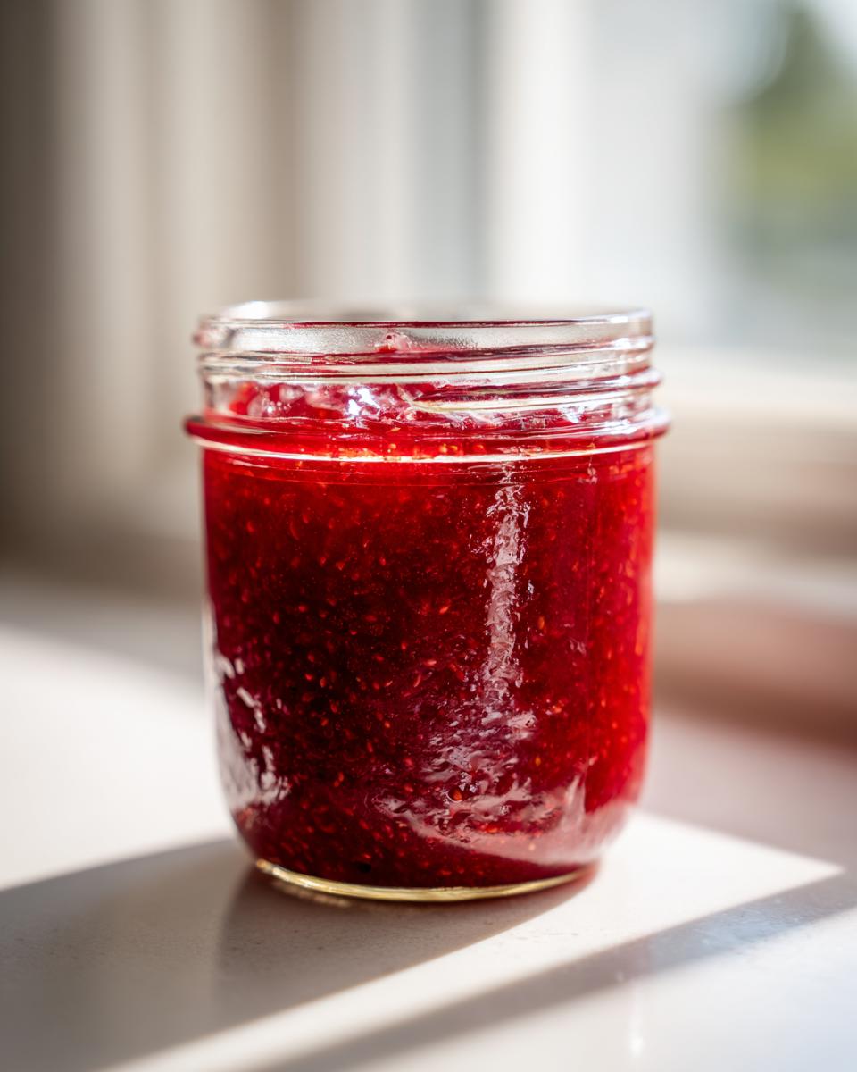 A close-up of a glass jar filled with vibrant, seed-filled red freezer jam, illuminated by sunlight.
