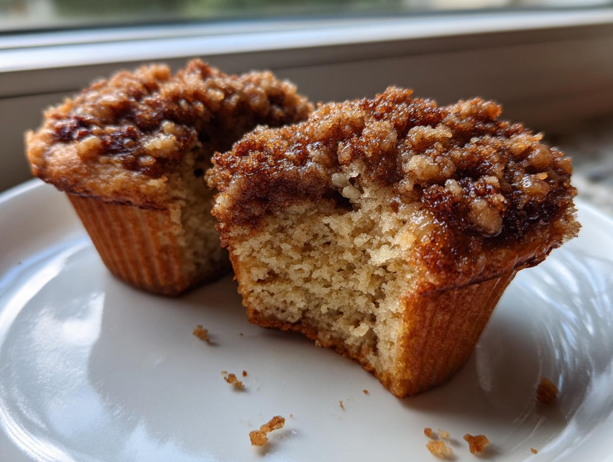 Close-up of two pecan pie muffins, one cut in half showing the moist crumb and sticky pecan topping.