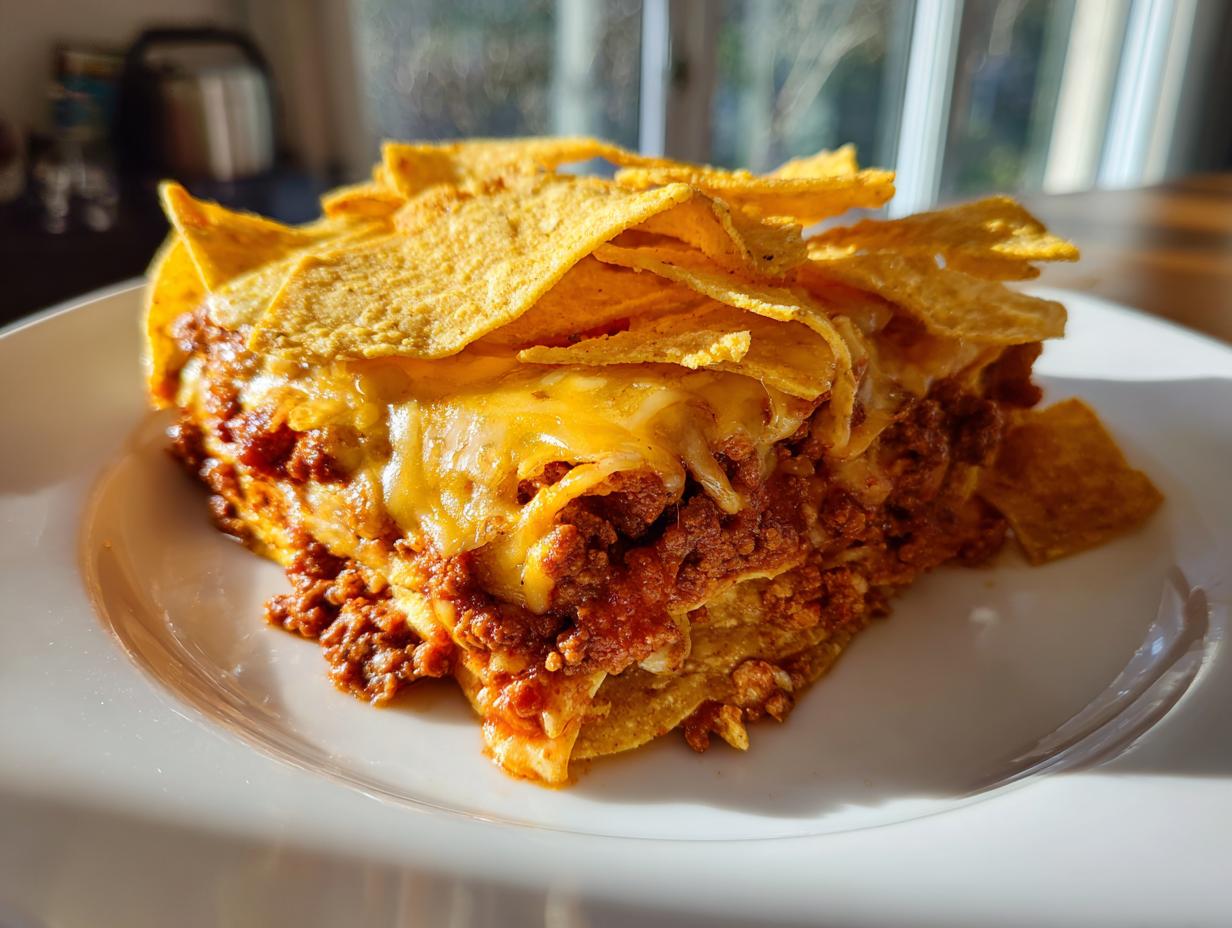 A layered slice of 30-Minute Frito Pie featuring chili, melted cheese, and Fritos corn chips on a white plate.