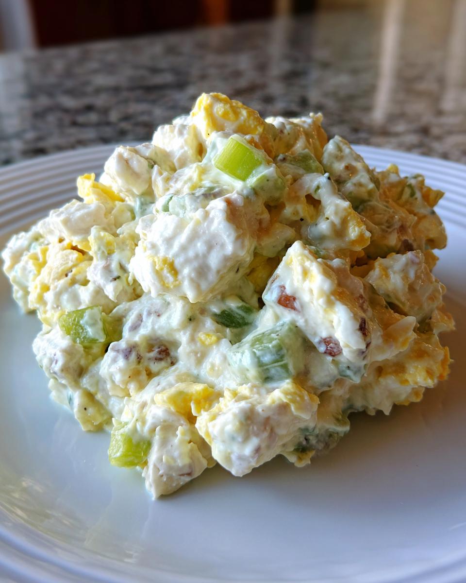 A close-up of a generous scoop of creamy chicken salad featuring chunks of chicken, yellow egg, and bright green celery on a white plate.