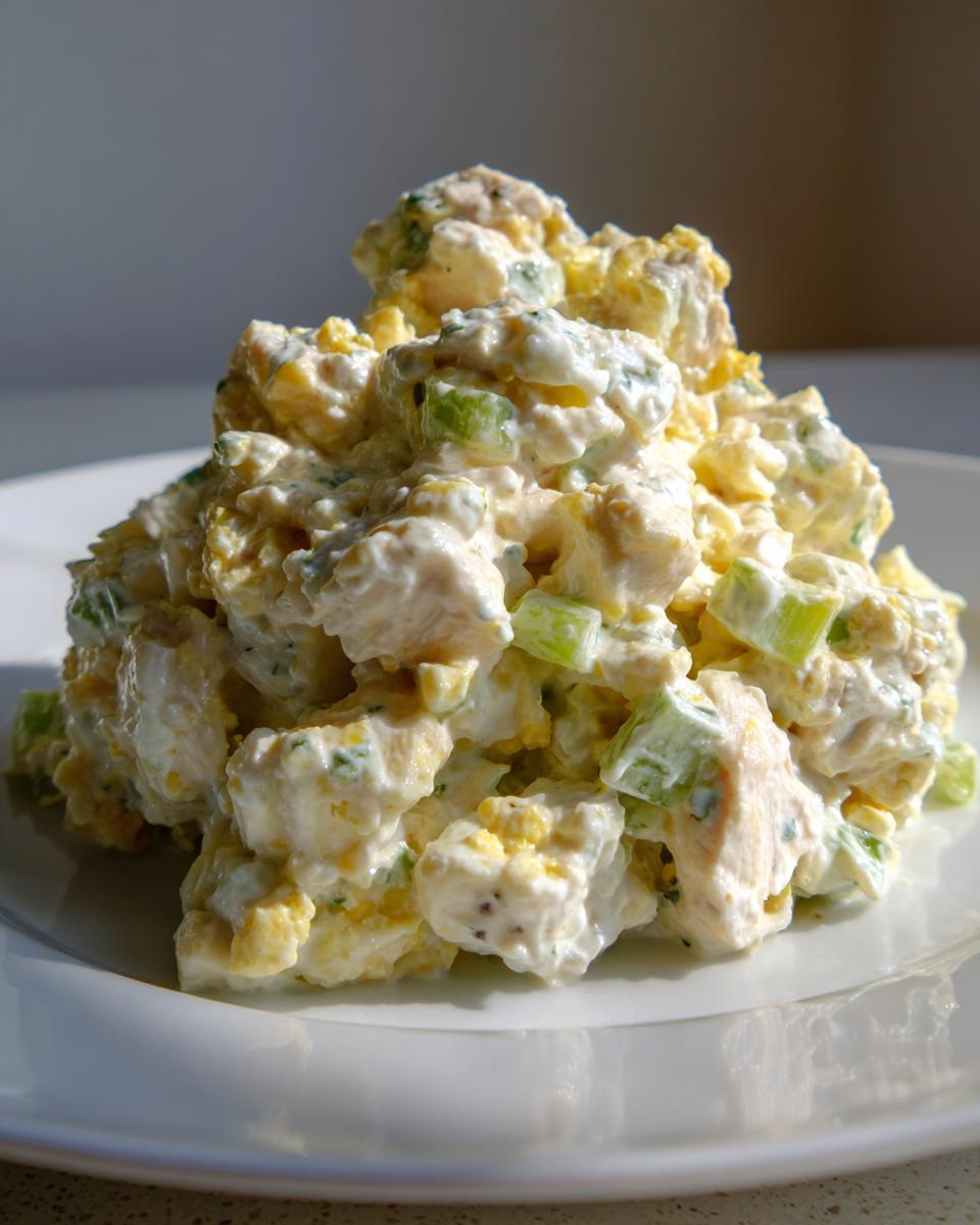 A close-up mound of creamy, homemade chicken salad featuring chunks of white meat chicken, chopped celery, and egg yolk, served on a white plate.