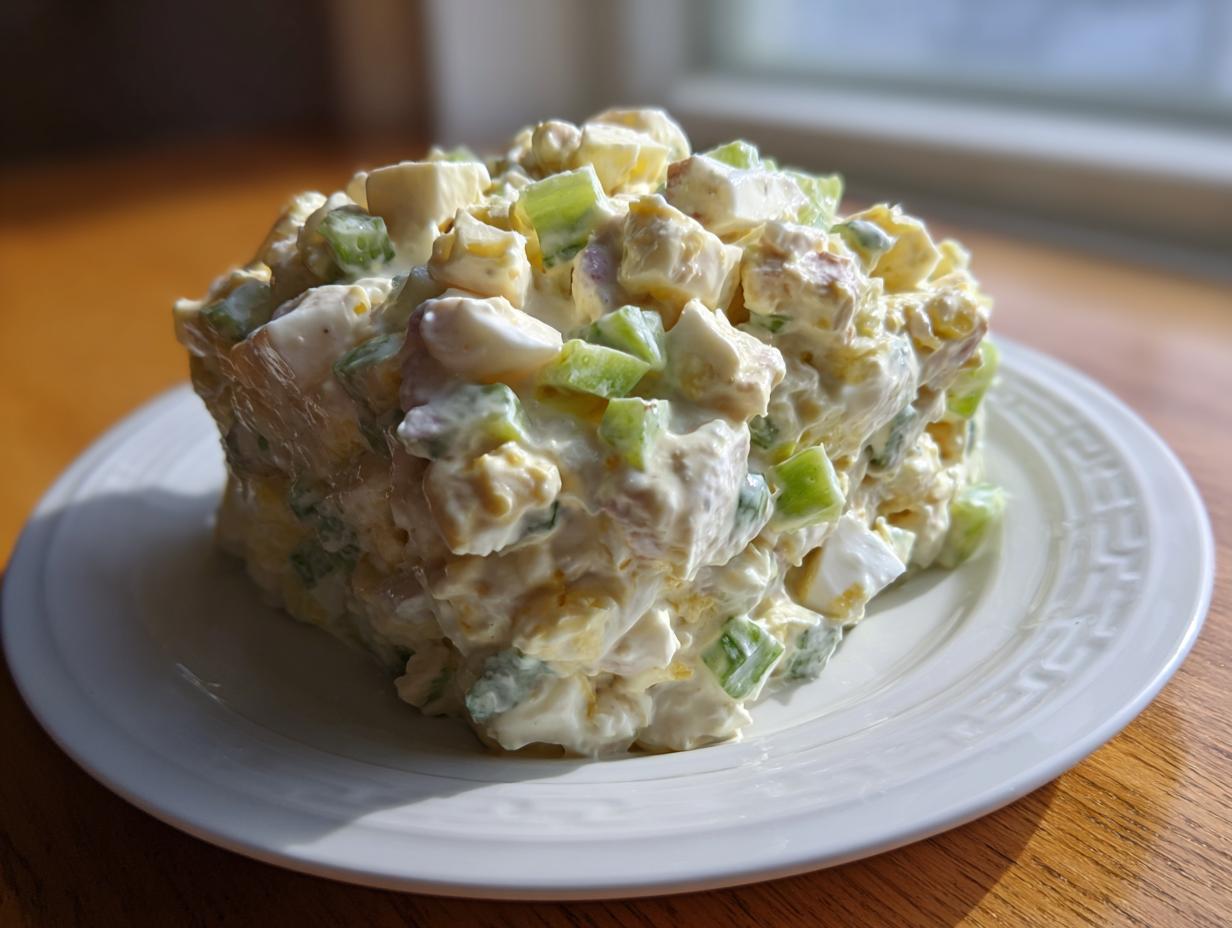 A square mound of creamy chicken salad featuring chunks of chicken, celery, and egg, served on a white plate.