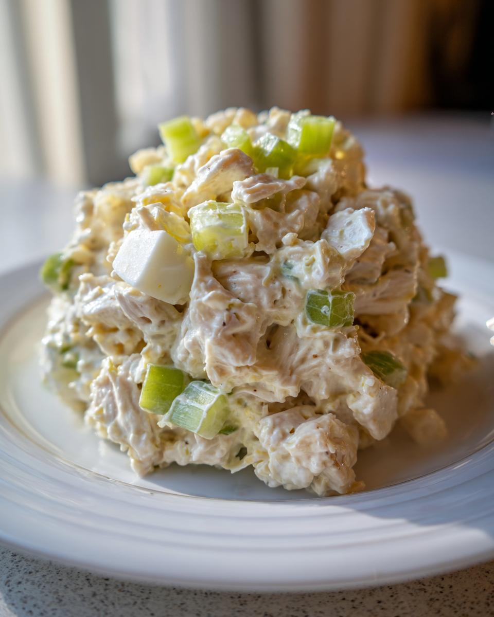 A mound of creamy chicken salad mixed with chopped celery and egg served on a white plate.