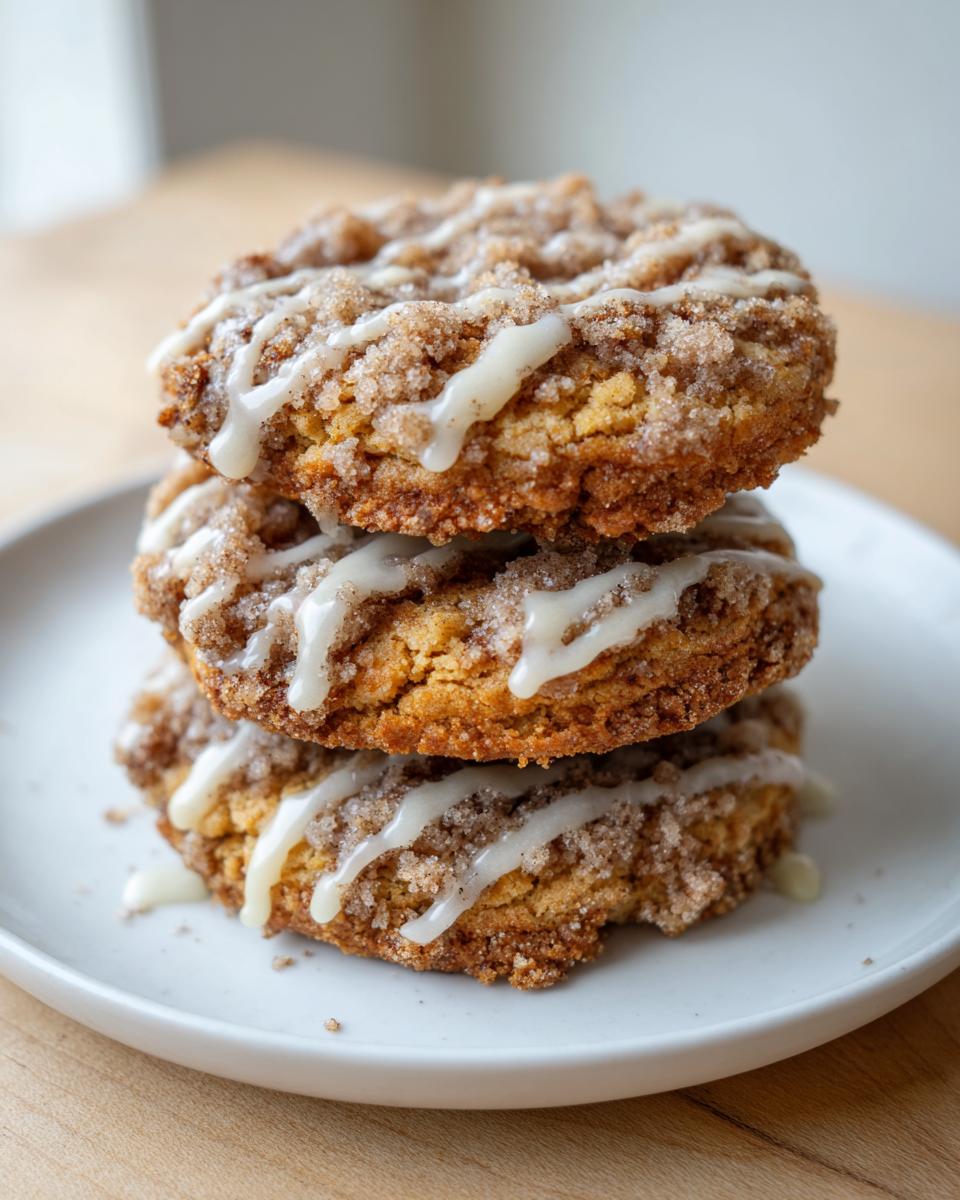 Three delicious coffee cake cookies stacked on a white plate, topped with cinnamon streusel and vanilla glaze.
